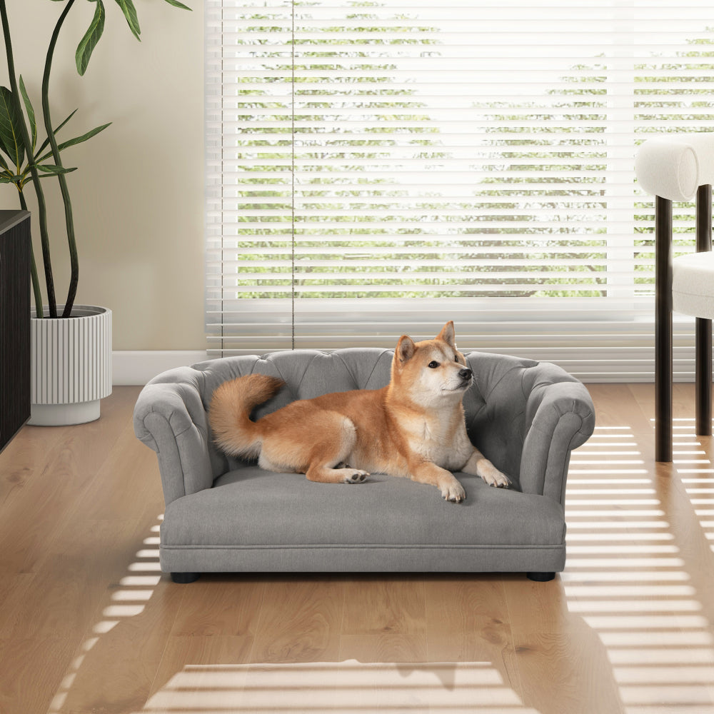 36.5" Chesterfield Dog Sofa Bed, Medium, Uptown Gray Stain Resistant High Performance Polyester
