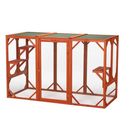 Wooden Cat House, Outdoor Cat Cage with Water-proof Asphalt Planks and Cat Perches, Orange