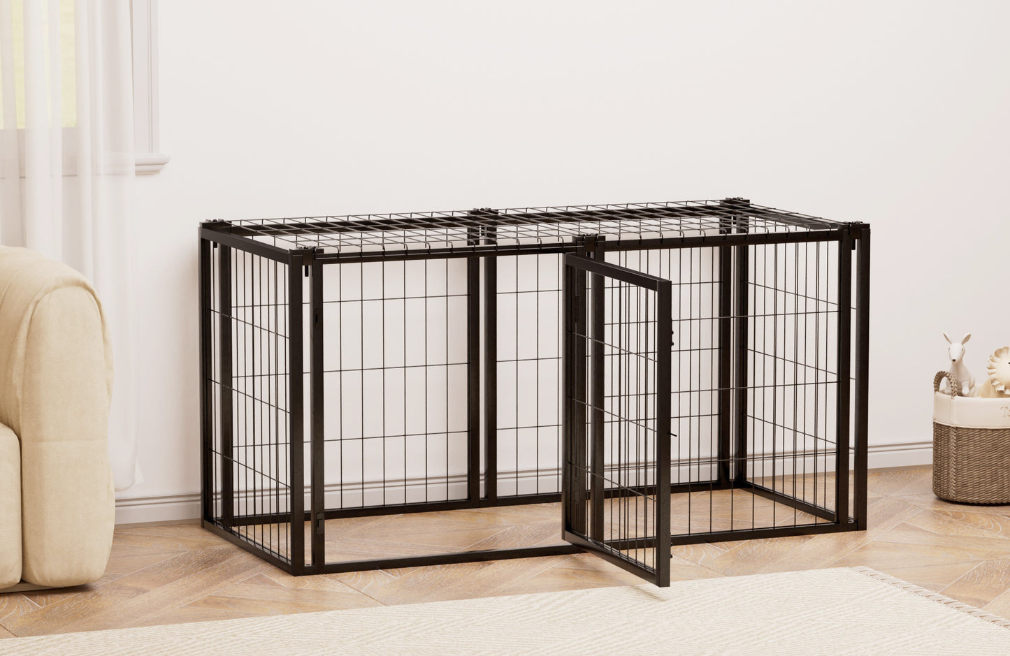 47.2\" Black Iron Dog Kennel Small Medium Dog Crate with Puppy Playpen Top Indoor Pet Cage 22\"L X 22\"W X 24\"H