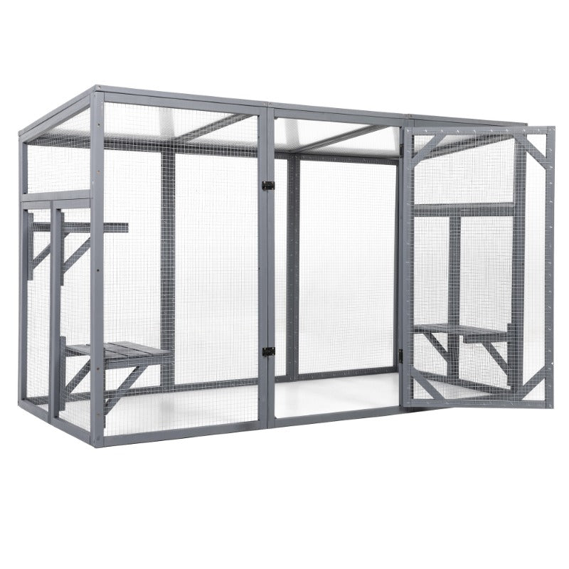 Outdoor Wood Cat Enclosure, Patio Cat Catio House with 3 Platforms, Lockable Door, Sun Sheet Roof, Large Run for Pets, Gray