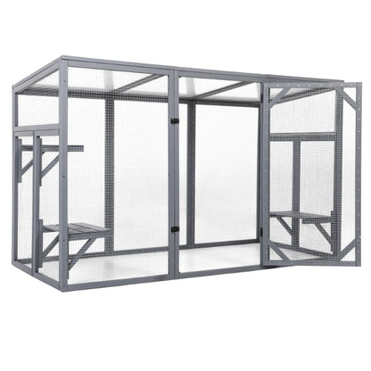 Outdoor Wood Cat Enclosure, Patio Cat Catio House with 3 Platforms, Lockable Door, Sun Sheet Roof, Large Run for Pets, Gray