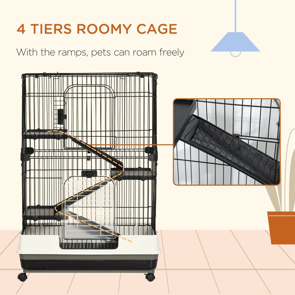 4-Level Small Animal Cage Rabbit Hutch with Wheels, Removable Tray, Platform and Ramp for Bunny, Chinchillas