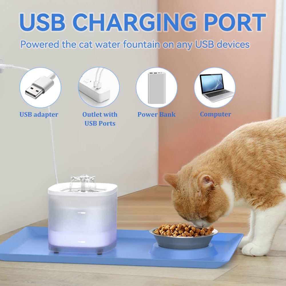 Cat Water Fountain and Food Bowl Set with Mat 1.8L Automatic Pet Running Water Dispenser with LED Light Ultra Silent