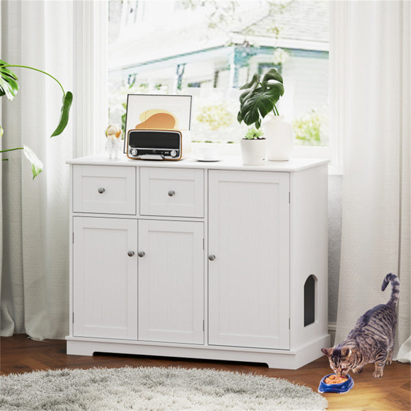 Cat Litter Box Enclosure With 2 Drawers 3 Doors Anti-Toppling Devices Storage