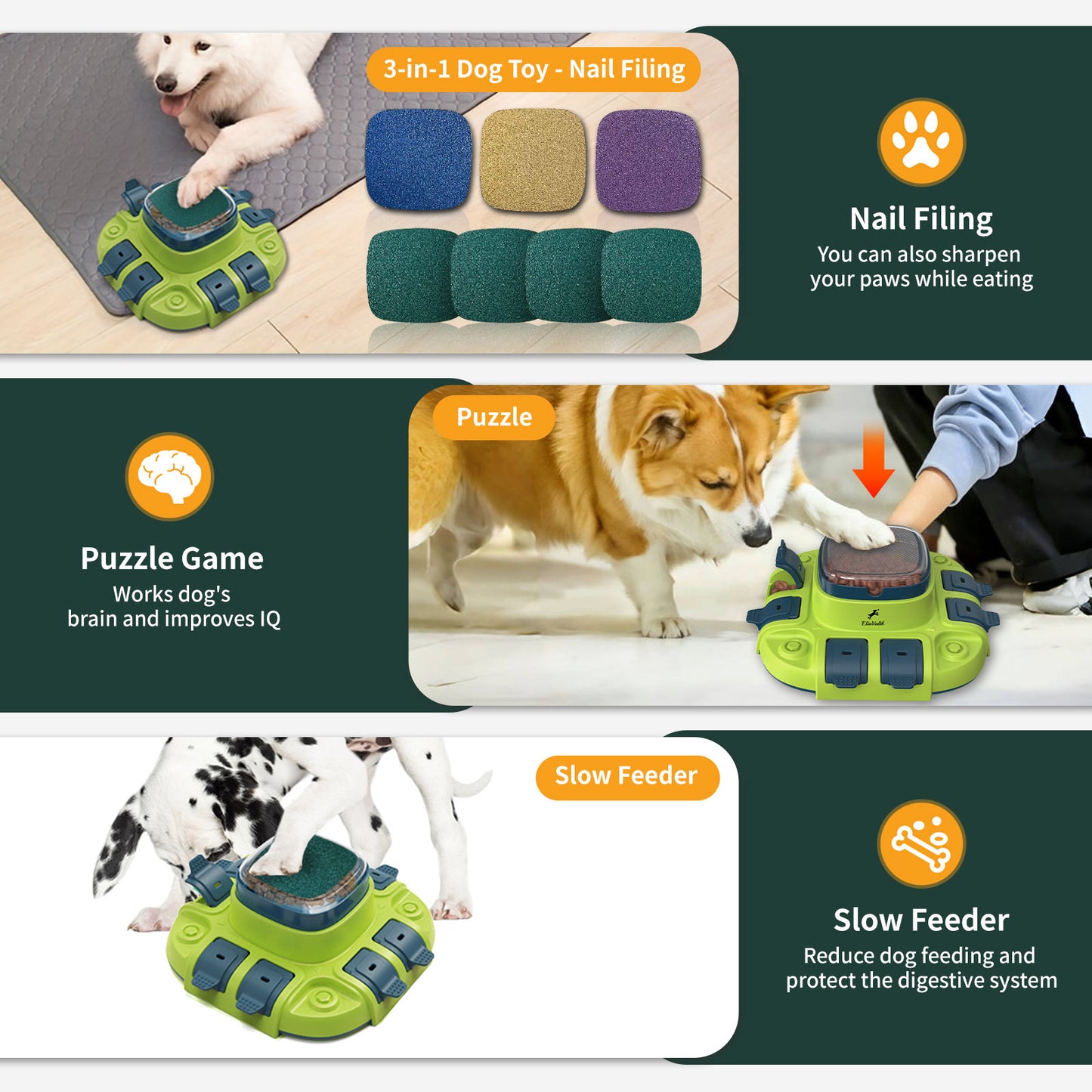 3-in-1 Puzzle Toy & Dog Nail File, Enrichment Toys with Treat Dispenser, Scratch Pad for Nails with 8 Sandpapers, Yellow