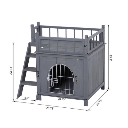 2-Level Grey Wooden Cat House with Lockable Wire Door Pet Furniture