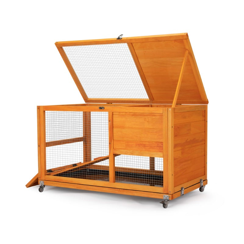 2-Tier Rabbit Hutch on Wheels, Bunny Cage with Run, Doors, Ramp, Openable Roof, Easy-to-Clean Tray, Pet House for Guinea Pigs Sm