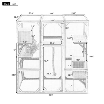Outdoor Cat House, DIY Cat Enclosure, Cat Catio with Double Enter Doors, 62.8"L X 32.2"W X68.5"H Balcony Cat Playpen