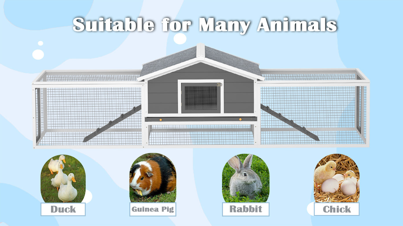 2-Story Large Wooden Rabbit Hutch Pet House with Ramps, Lockable Doors, Run Area and Asphalt Roof for Outdoor Use