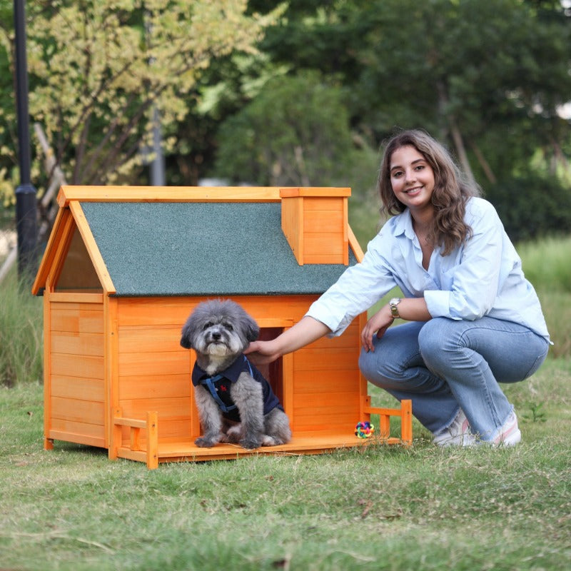Indoor Outdoor Dog House, Wood Dog Cabin with Porch, Curtained Door, Waterproof Asphalt Roof, Pet Crate Kennel for Small to Medi