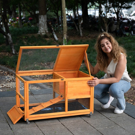 2-Tier Rabbit Hutch on Wheels, Bunny Cage with Run, Doors, Ramp, Openable Roof, Easy-to-Clean Tray, Pet House for Guinea Pigs Sm