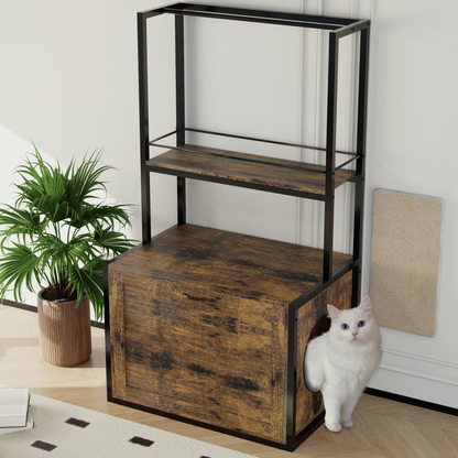 55"Refined Litter Box Enclosure with Storage Shelves and 2 Hanging Clothes Rack, 4-in-1 Hidden Cat Litter Box
