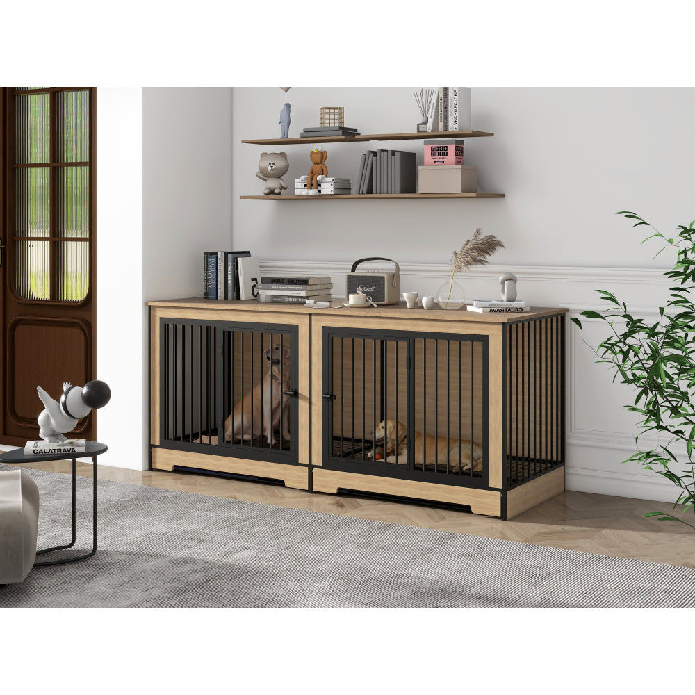 Dog Crate Furniture with Two Combined Room, XL Large Double Dog Cage Furniture with Tray for Medium Large Dogs