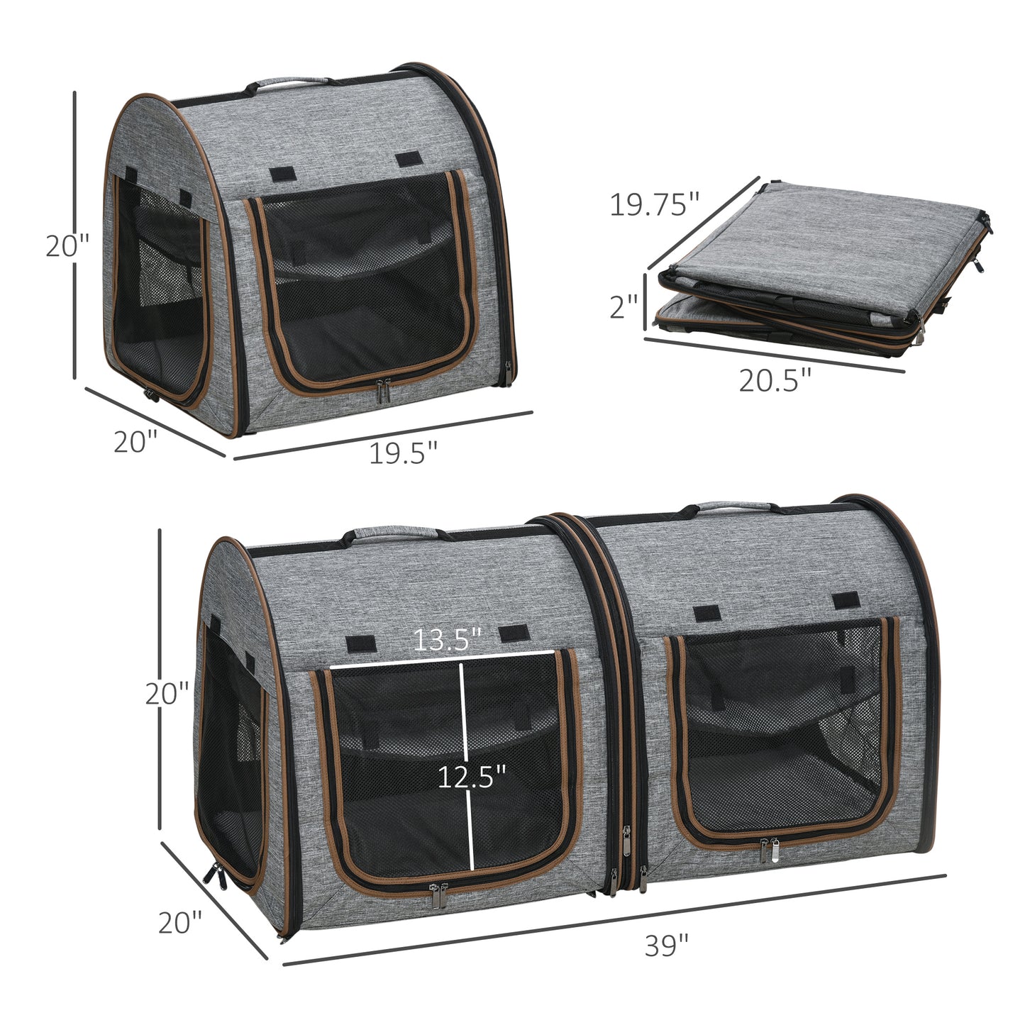 Portable Grey FCJ Pet Cat Carrier Soft-sided with Divider and Two Compartments Padded and Polyester Storage Bag for Travel