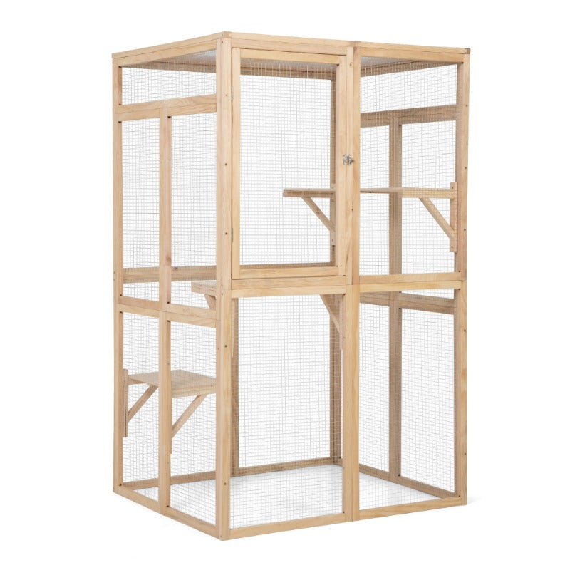 Wooden Cat Catio, Outdoor Cat Enclosure, Cat House with Platforms, Sunshine Board, Hammock, Door, Kitten Cage Condo,Burlywood