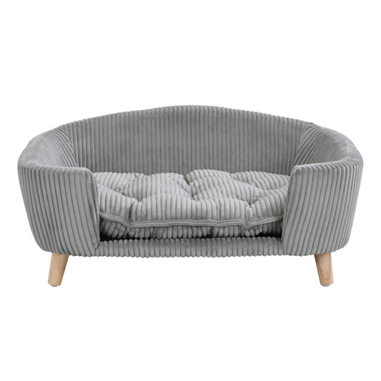 Elevated Dog Bed Frame for Small Dog, Corduroy Pet Couch Bed with Rubber Wood Legs and Supportive Foam, Gray, Easy Assembly