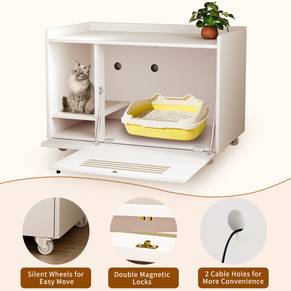 White Cat Litter Box Enclosure,Hidden Litter Box Furniture with Top Side Fence,Wooden Pet House Side End Table