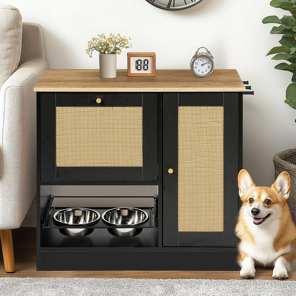 Feeding Station with 2 Lockers, Pet Feeding Station with 2 Elevated Dog Bowls, Side Hooks, Anti-tipping Kit