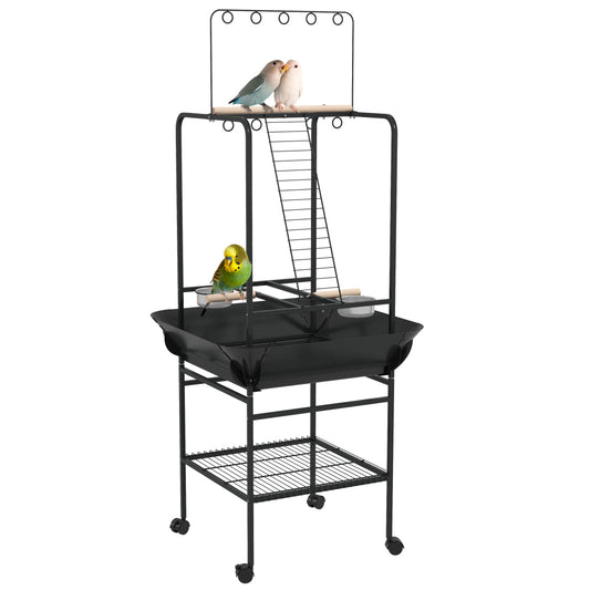 Bird Stand with Wheels, Parrot Stand with Perches, Stainless Steel Feed Bowls, Pull-Out Tray, Toy Hanger