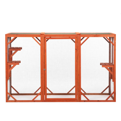 Wooden Cat House, Outdoor Cat Cage with Water-proof Asphalt Planks and Cat Perches, Orange