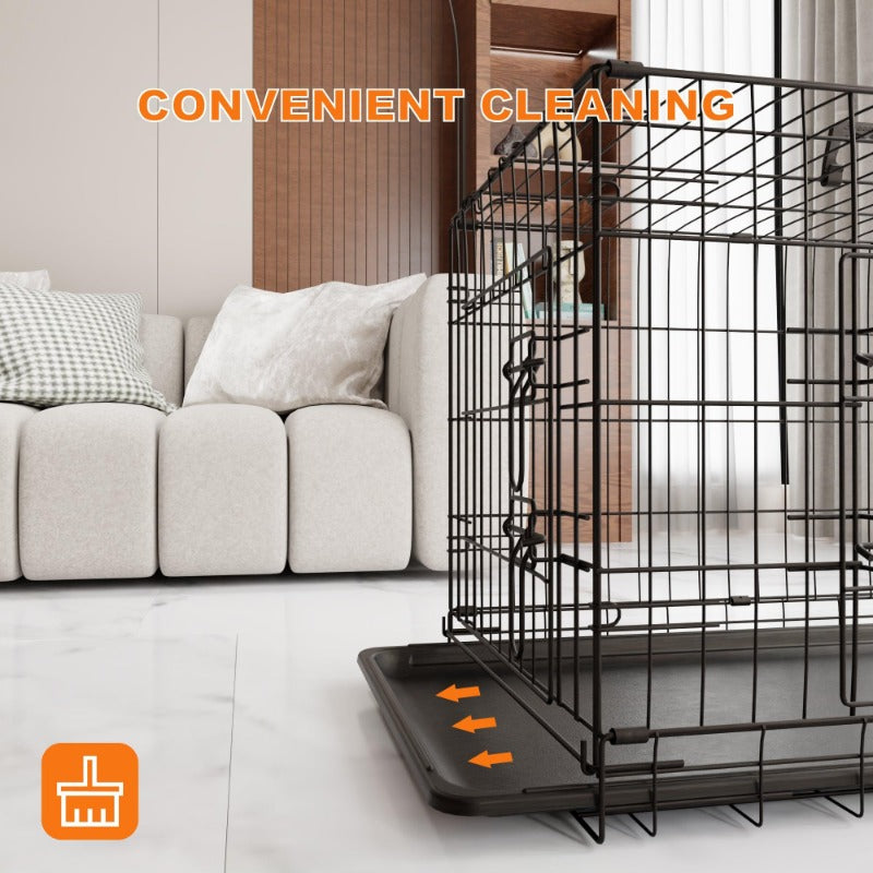 Dog Crate, 48 Inch Large Dog Cage with Divider and Plastic Leak-Proof Pan Tray, Double Door Folding Metal Wire Cage for Indoor