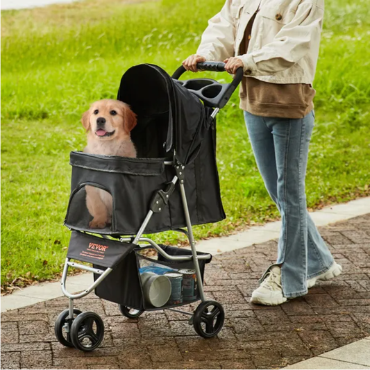 VEVOR FCJ 3-Wheel Pet Stroller Heavy Duty Puppy Stroller Front Pedal for Velcro Storage Basket Cup Holder Rotate Brakes for Dogs
