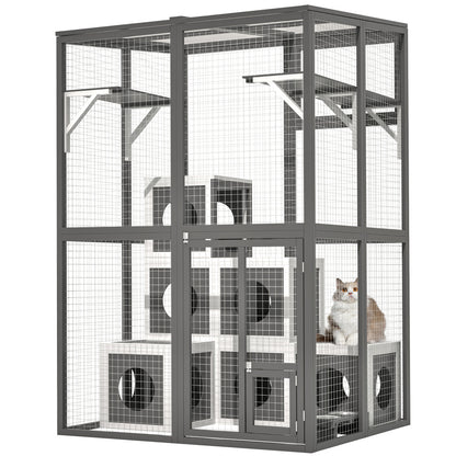 Outdoor Wooden Cat Catio - Large Solid Wood Cat Cage Playpen with 2 Jumping Platforms & 7 Napping Houses
