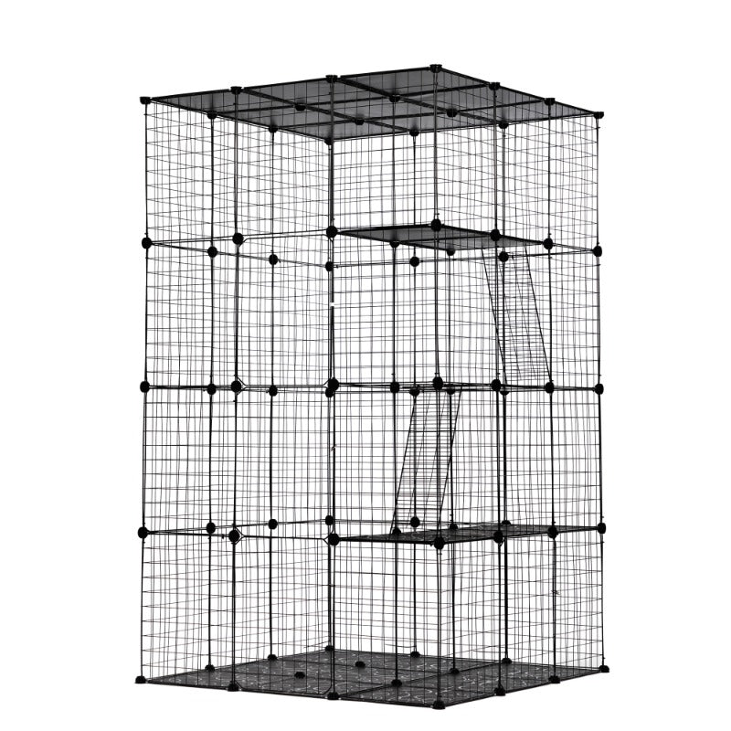 3-Tier Wire Cat Cage, Large Kennels Playpen with 3 Platforms, 3 Ramp Ladders and 4 Doors, 42" X 42" X 72", Black