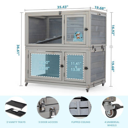 Weatherproof Rabbit House, Indoor/Outdoor Wooden Rabbit Hutch, 2 Story Bunny Cage, Pet House, Wooden Chicken Coop with Wheels, P