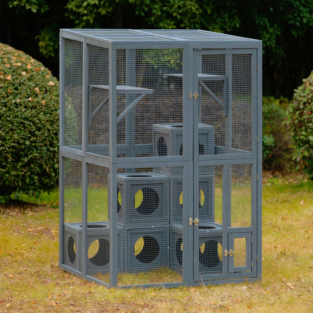 Outdoor Cat House Cat Shelves Grey Pine Wood Playground Cat Weather protection With Removable Wood Boxes