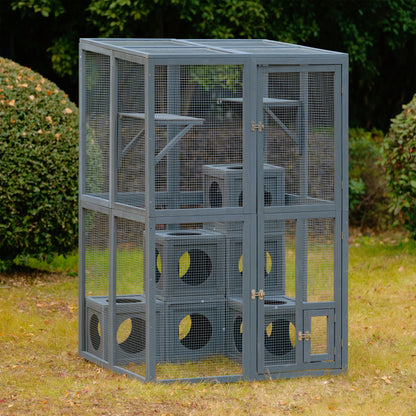 Outdoor Cat House Cat Shelves Grey Pine Wood Playground Cat Weather protection With Removable Wood Boxes