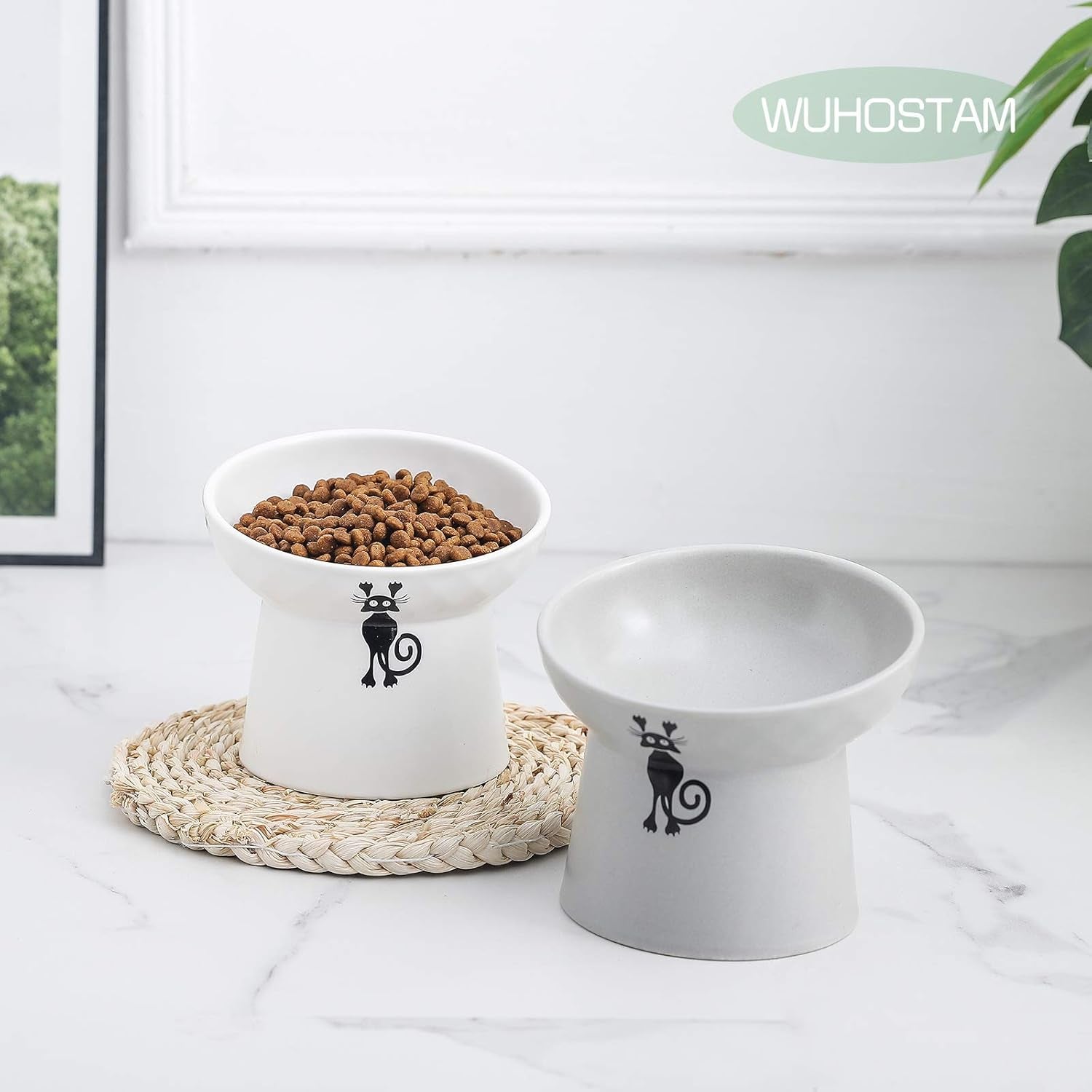 Tilted Raised Cat Food and Water Bowl Set,Elevated Slanted Cat Feeder Bowls,Ceramic Pet Bowls,Protect Pet'S Spine,Backflow Prevention,2 Pack(White&Grey)