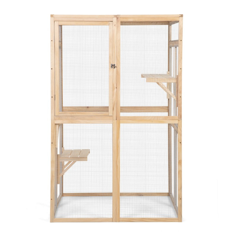 Wooden Cat Catio, Outdoor Cat Enclosure, Cat House with Platforms, Sunshine Board, Hammock, Door, Kitten Cage Condo,Burlywood