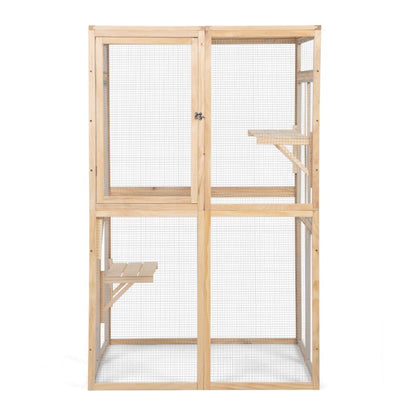 Wooden Cat Catio, Outdoor Cat Enclosure, Cat House with Platforms, Sunshine Board, Hammock, Door, Kitten Cage Condo,Burlywood
