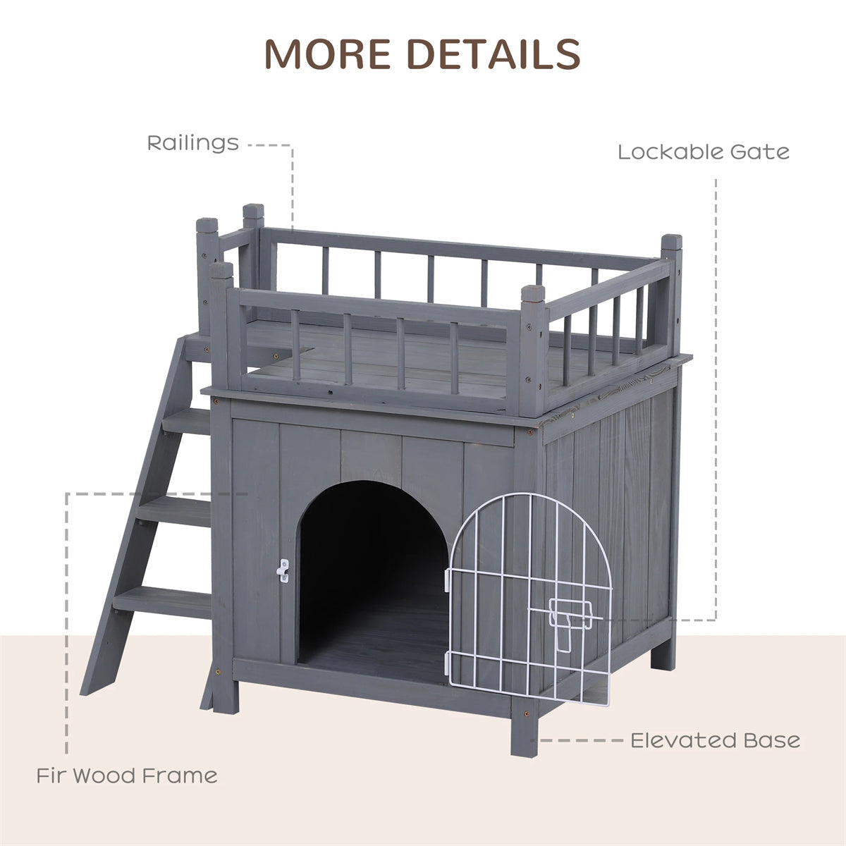 2-Level Grey Wooden Cat House with Lockable Wire Door Pet Furniture
