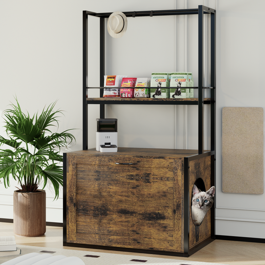 55"Refined Litter Box Enclosure with Storage Shelves and 2 Hanging Clothes Rack, 4-in-1 Hidden Cat Litter Box
