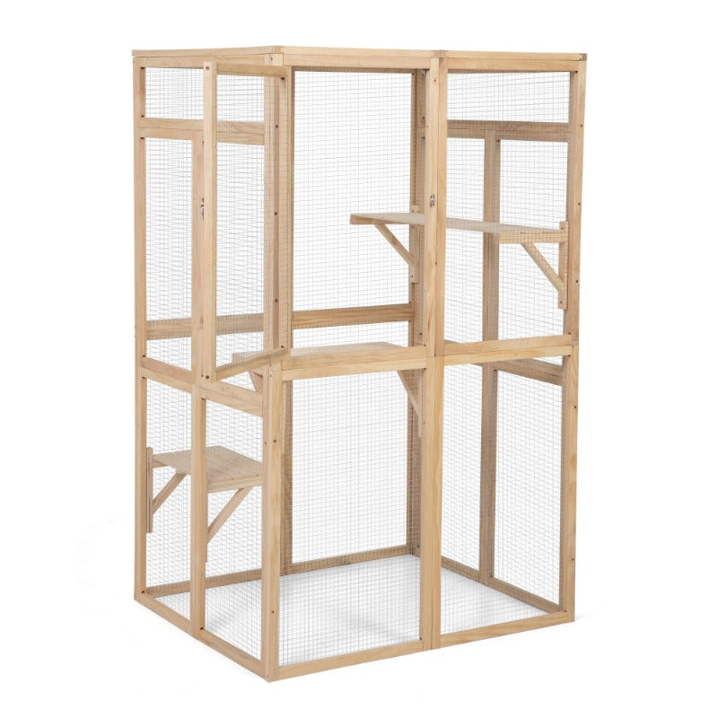 Wooden Cat Catio, Outdoor Cat Enclosure, Cat House with Platforms, Sunshine Board, Hammock, Door, Kitten Cage Condo,Burlywood