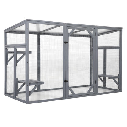 Outdoor Wood Cat Enclosure, Patio Cat Catio House with 3 Platforms, Lockable Door, Sun Sheet Roof, Large Run for Pets, Gray