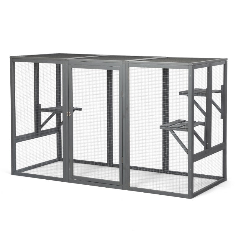 Spacious Wooden cat Cage with Waterproof Roof with Adjustable Pedals Suitable - Gray Black