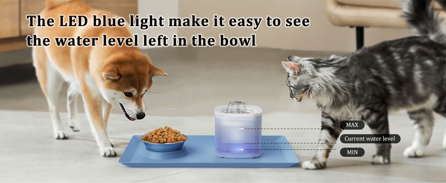 Cat Water Fountain and Food Bowl Set with Mat 1.8L Automatic Pet Running Water Dispenser with LED Light Ultra Silent