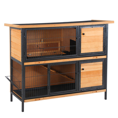 48" 2-Story Large Rabbit Hutch Bunny Cage Wooden Pet House Metal Frame with Individual Room