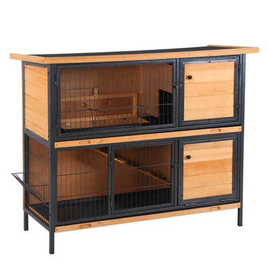 48" 2-Story Large Rabbit Hutch Bunny Cage Wooden Pet House Metal Frame with Individual Room