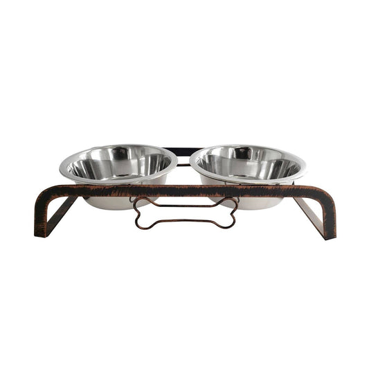 HMS Rustic 32oz Two Bowl Dog Feeding Station Elevated Stainless Steel for Camping Travel Party Cats & Animals Battery Powered