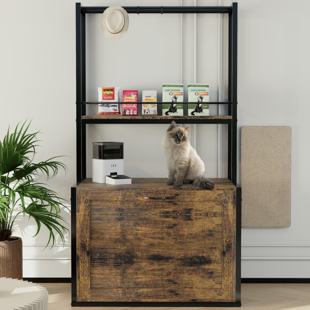 55"Refined Litter Box Enclosure with Storage Shelves and 2 Hanging Clothes Rack, 4-in-1 Hidden Cat Litter Box