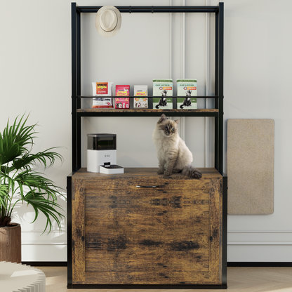 55"Refined Litter Box Enclosure with Storage Shelves and 2 Hanging Clothes Rack, 4-in-1 Hidden Cat Litter Box