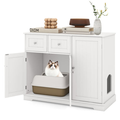 Cat Litter Box Enclosure With 2 Drawers 3 Doors Anti-Toppling Devices Storage