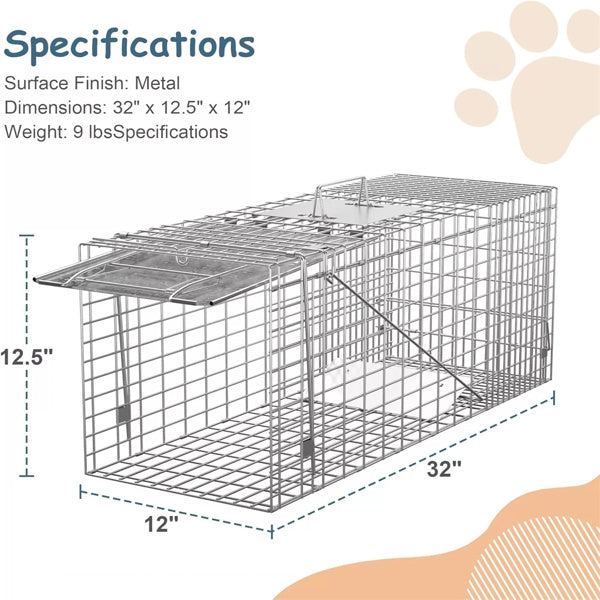 32" Live Animal Cage Trap Heavy Duty Steel Catch Humane Rodent Cage w/Iron Door